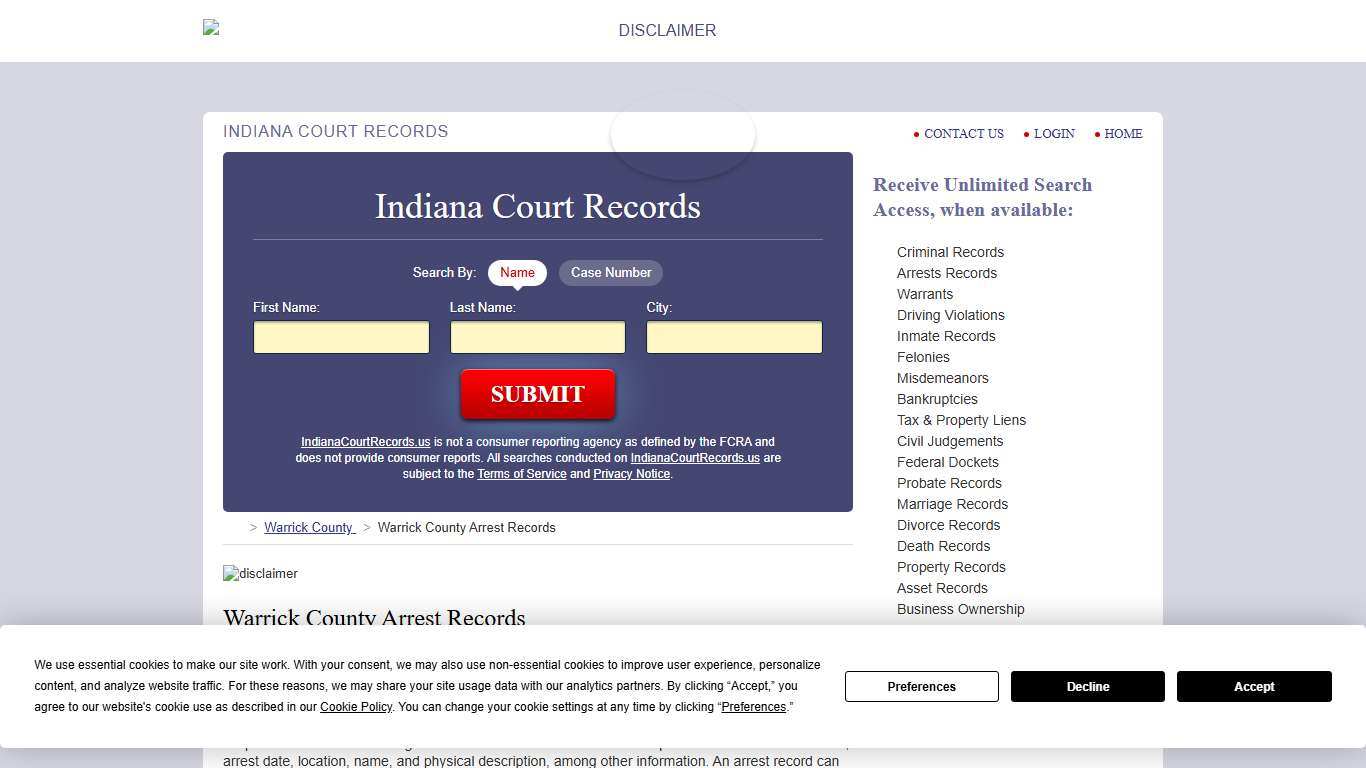 Warrick County Arrest Records IndianaCourtRecords.us